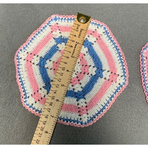 Handmade Crochet Doilies Set of 2 Rainbow Hexagon Pink Blue White 7" Diameter - Picture 6 of 8